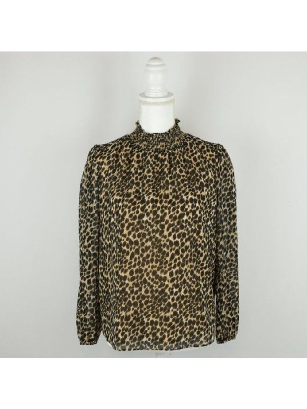 J.Crew Women's XXS Black Tan Animal Print Mock Neck Long Puff Sleeve Blouse NWT